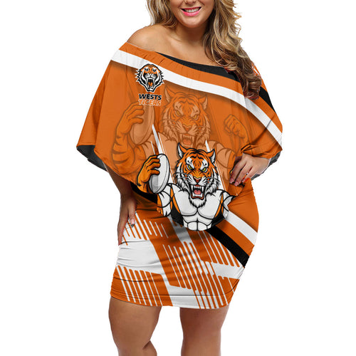 Wests Tigers Rugby Mascot Family Matching Off Shoulder Short Dress and Hawaiian Shirt Fierce Athlete Graphic in Sports Style