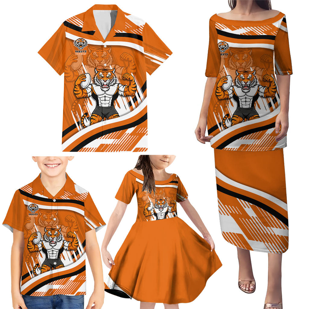 Wests Tigers Rugby Mascot Family Matching Puletasi and Hawaiian Shirt Fierce Athlete Graphic in Sports Style