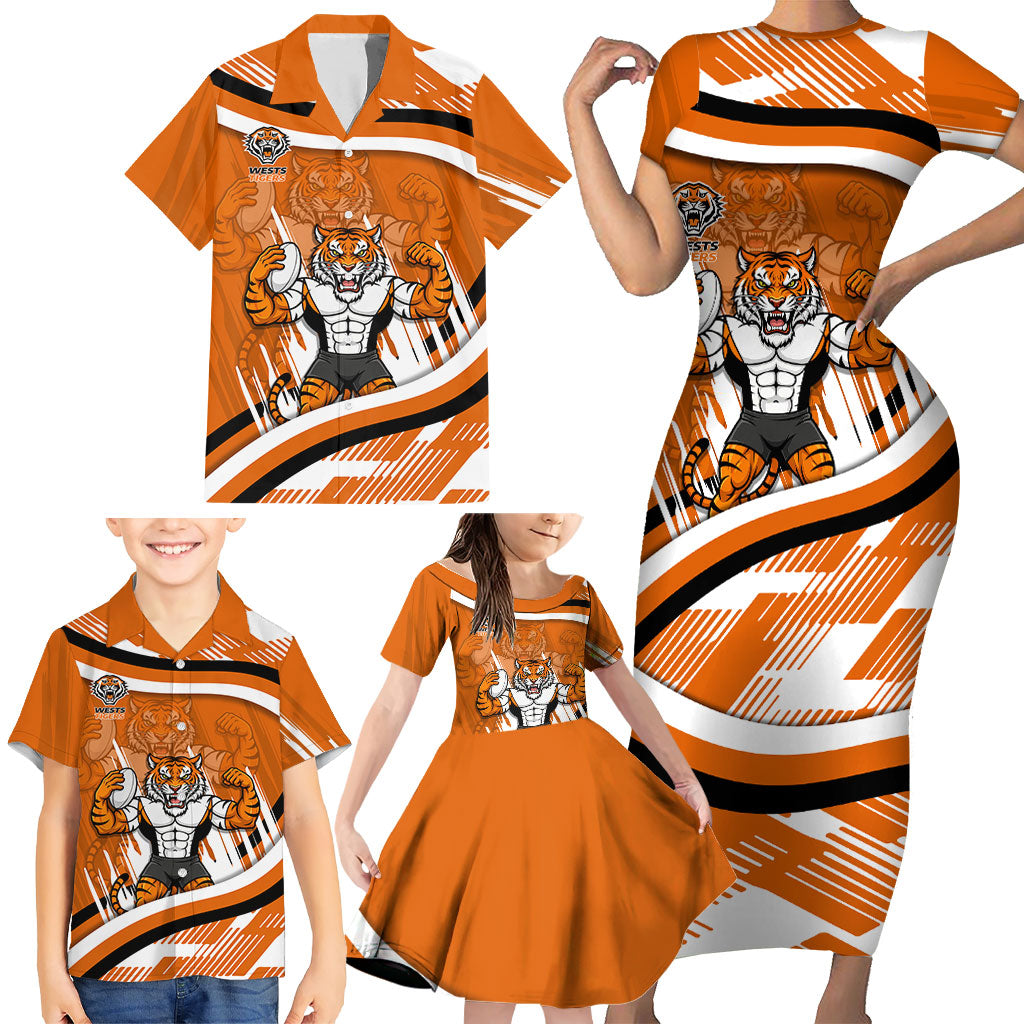 Wests Tigers Rugby Mascot Family Matching Short Sleeve Bodycon Dress and Hawaiian Shirt Fierce Athlete Graphic in Sports Style
