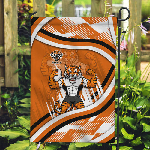Wests Tigers Rugby Mascot Garden Flag Fierce Athlete Graphic in Sports Style