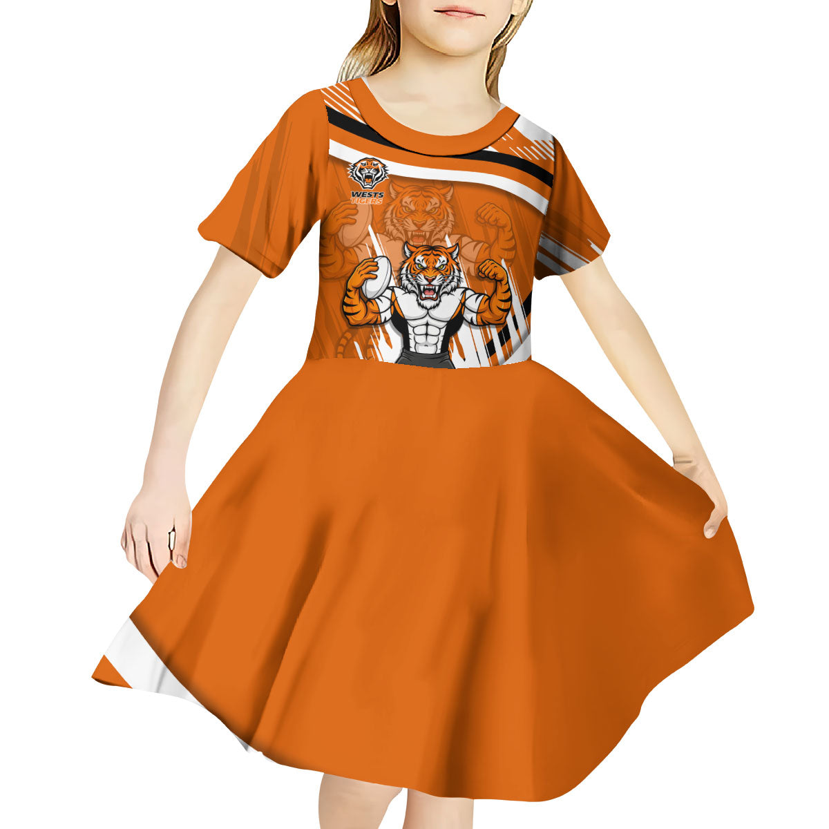 Wests Tigers Rugby Mascot Kid Short Sleeve Dress Fierce Athlete Graphic in Sports Style