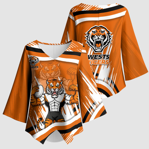 Wests Tigers Rugby Mascot Kimono Sleeve Blouse Fierce Athlete Graphic in Sports Style
