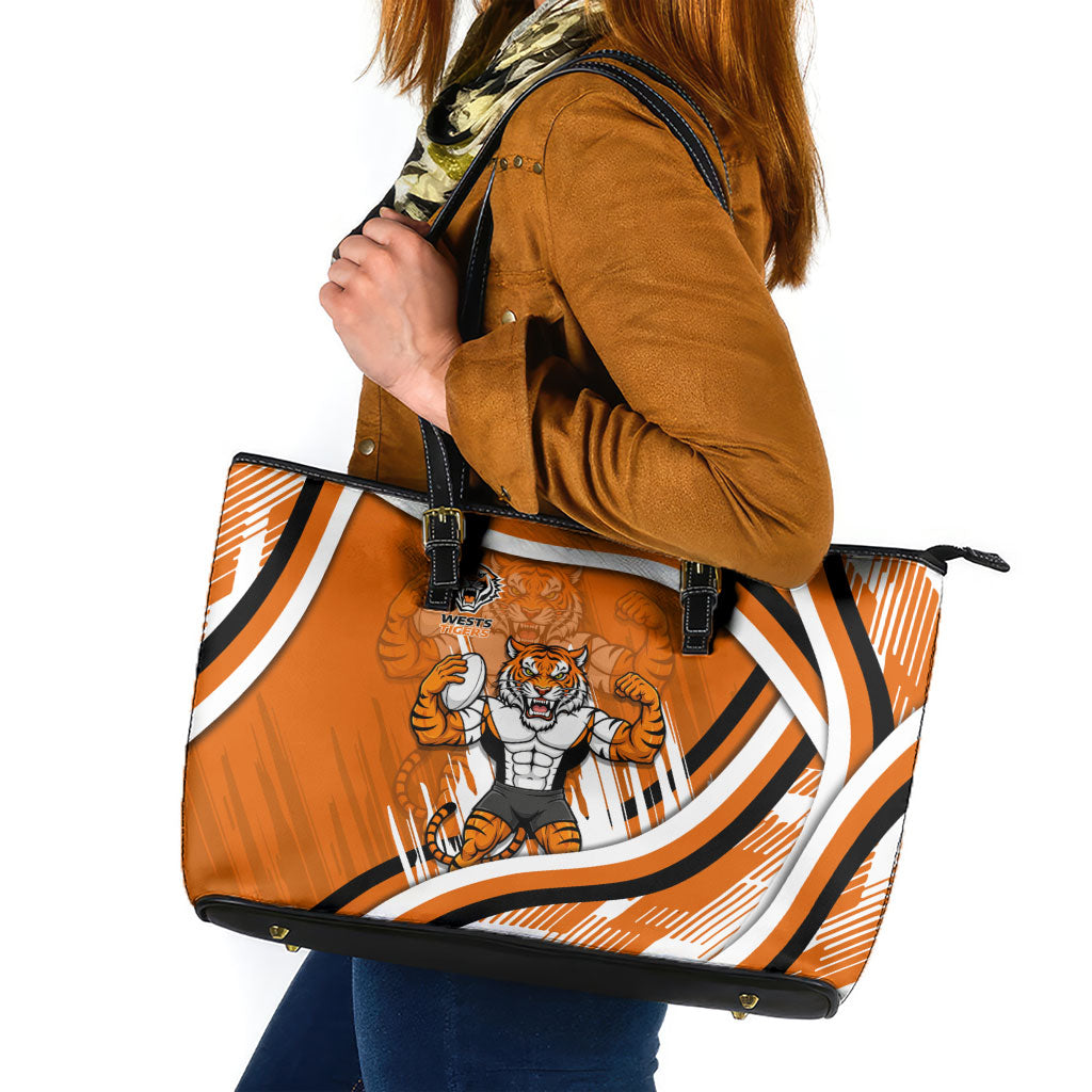 Wests Tigers Rugby Mascot Leather Tote Bag Fierce Athlete Graphic in Sports Style
