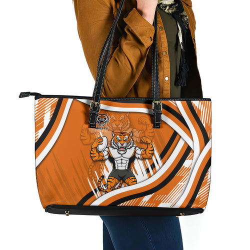 Wests Tigers Rugby Mascot Leather Tote Bag Fierce Athlete Graphic in Sports Style