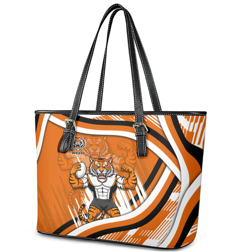 Wests Tigers Rugby Mascot Leather Tote Bag Fierce Athlete Graphic in Sports Style