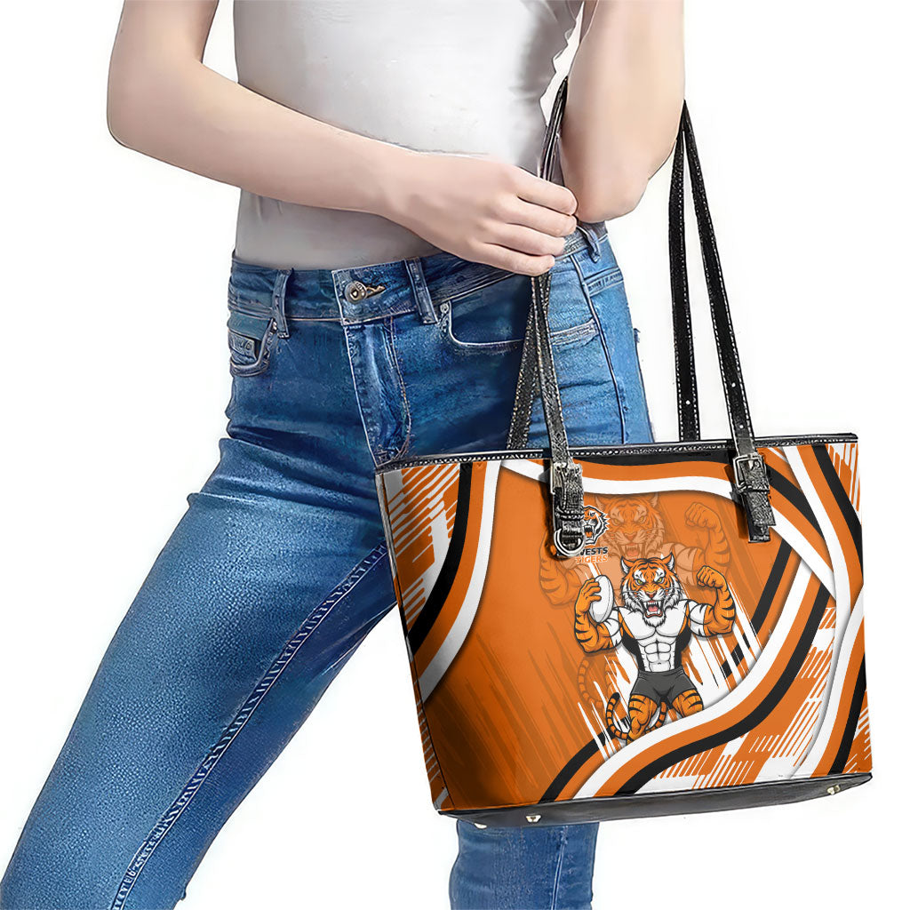 Wests Tigers Rugby Mascot Leather Tote Bag Fierce Athlete Graphic in Sports Style