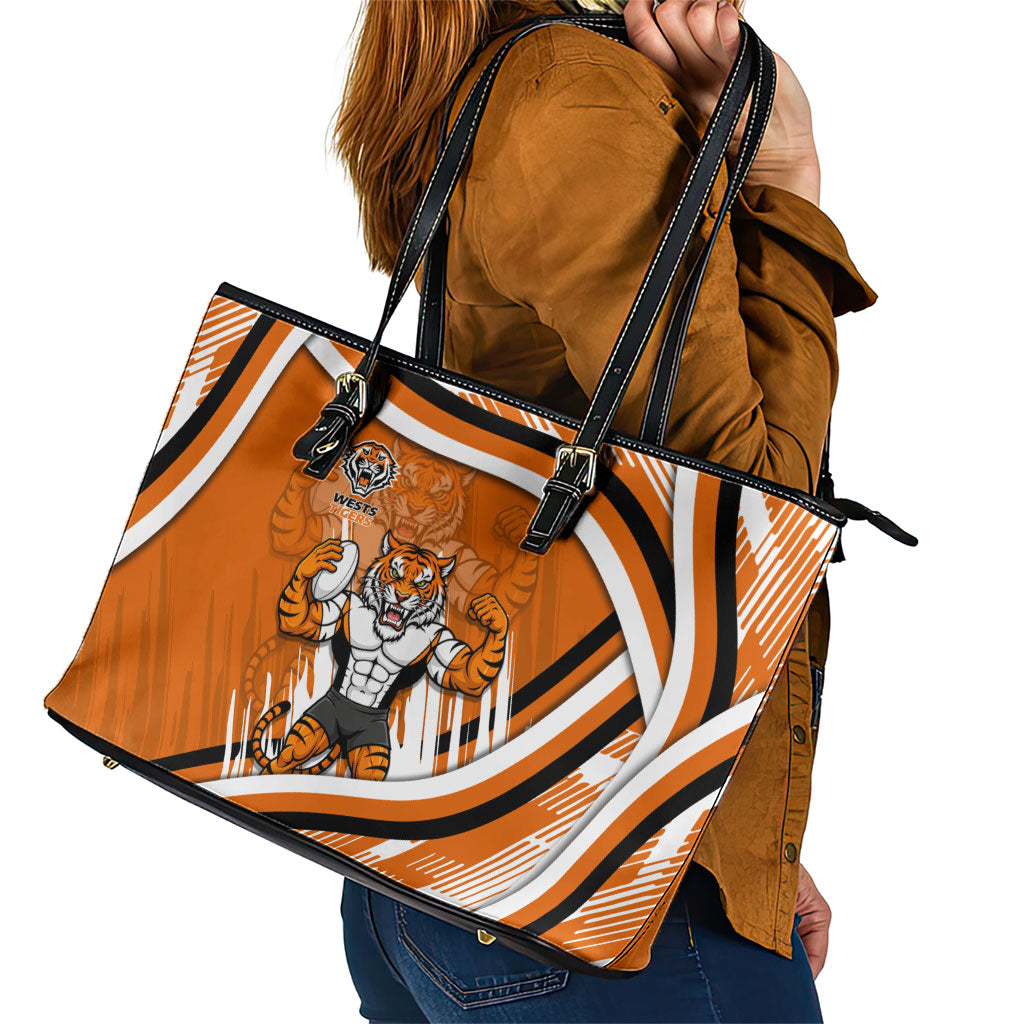 Wests Tigers Rugby Mascot Leather Tote Bag Fierce Athlete Graphic in Sports Style