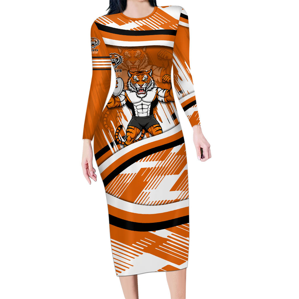 Wests Tigers Rugby Mascot Long Sleeve Bodycon Dress Fierce Athlete Graphic in Sports Style