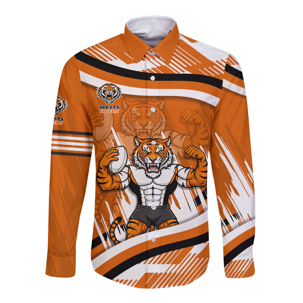 Wests Tigers Rugby Mascot Long Sleeve Button Shirt Fierce Athlete Graphic in Sports Style