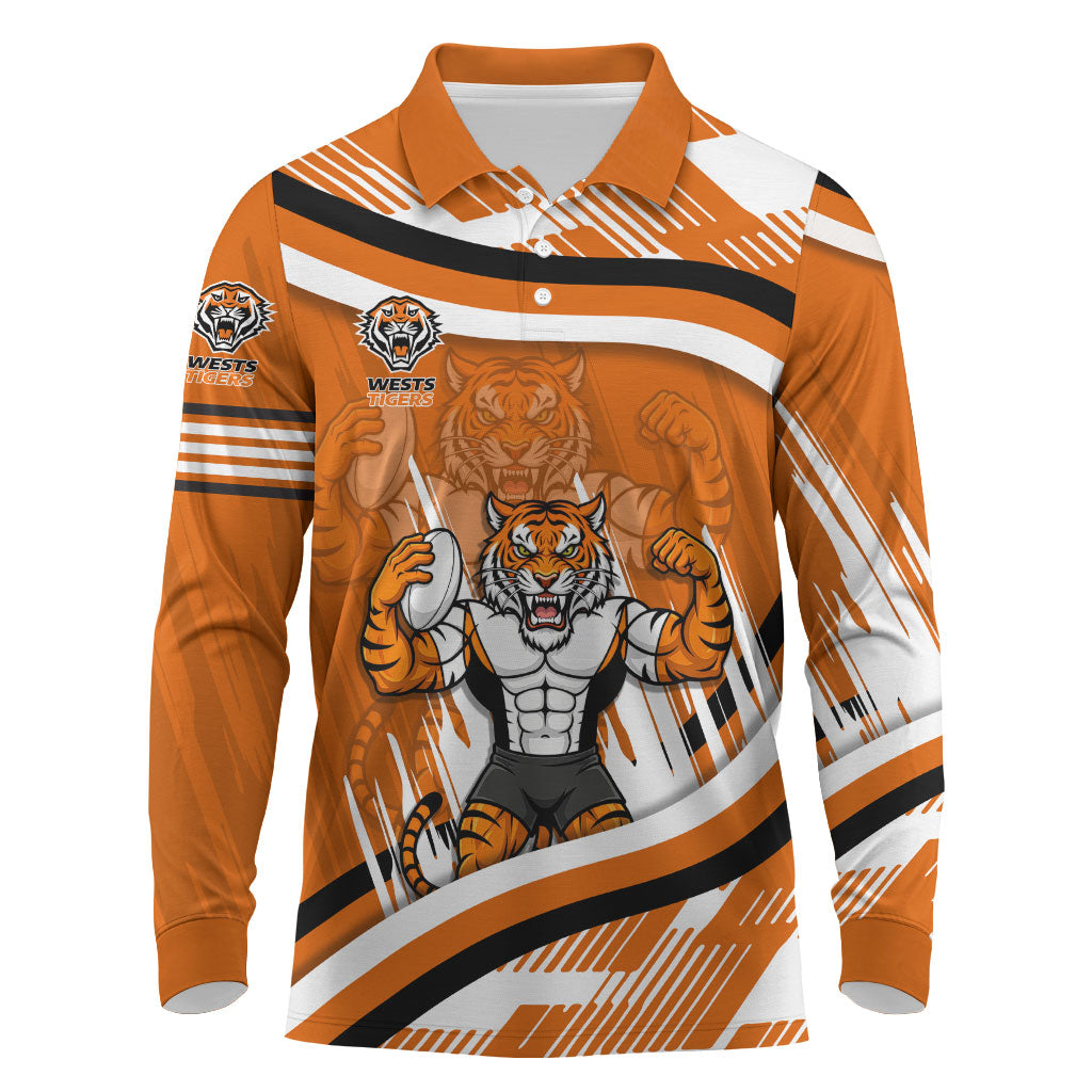Wests Tigers Rugby Mascot Long Sleeve Polo Shirt Fierce Athlete Graphic in Sports Style