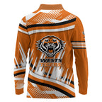 Wests Tigers Rugby Mascot Long Sleeve Polo Shirt Fierce Athlete Graphic in Sports Style