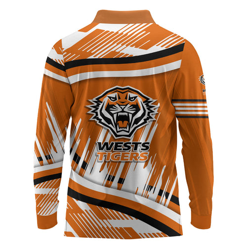 Wests Tigers Rugby Mascot Long Sleeve Polo Shirt Fierce Athlete Graphic in Sports Style