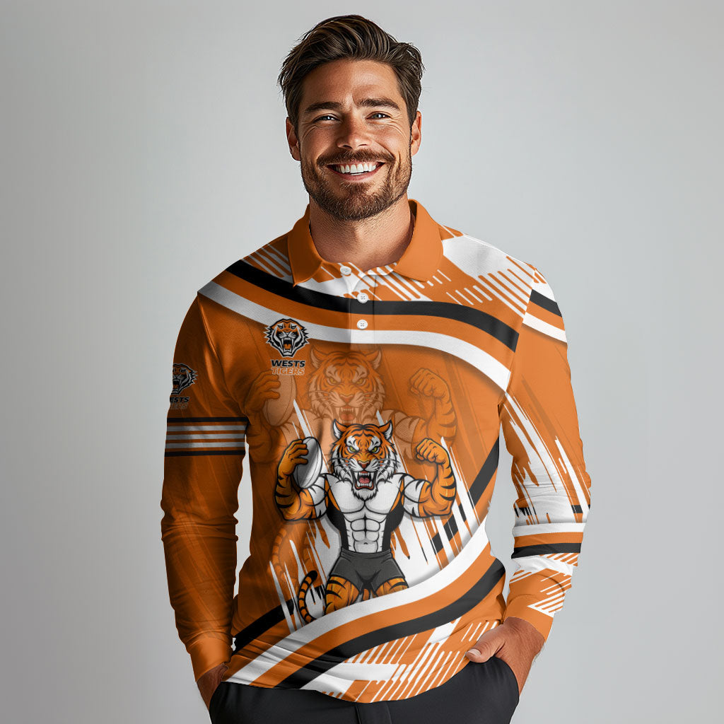 Wests Tigers Rugby Mascot Long Sleeve Polo Shirt Fierce Athlete Graphic in Sports Style