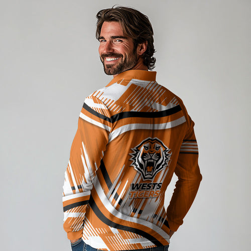 Wests Tigers Rugby Mascot Long Sleeve Polo Shirt Fierce Athlete Graphic in Sports Style
