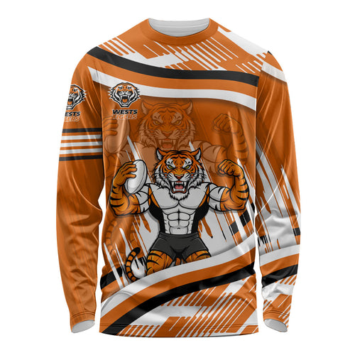 Wests Tigers Rugby Mascot Long Sleeve Shirt Fierce Athlete Graphic in Sports Style
