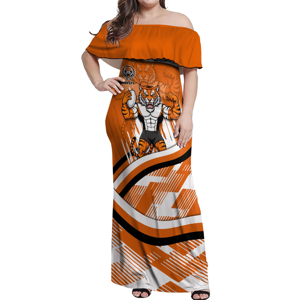 Wests Tigers Rugby Mascot Off Shoulder Maxi Dress Fierce Athlete Graphic in Sports Style