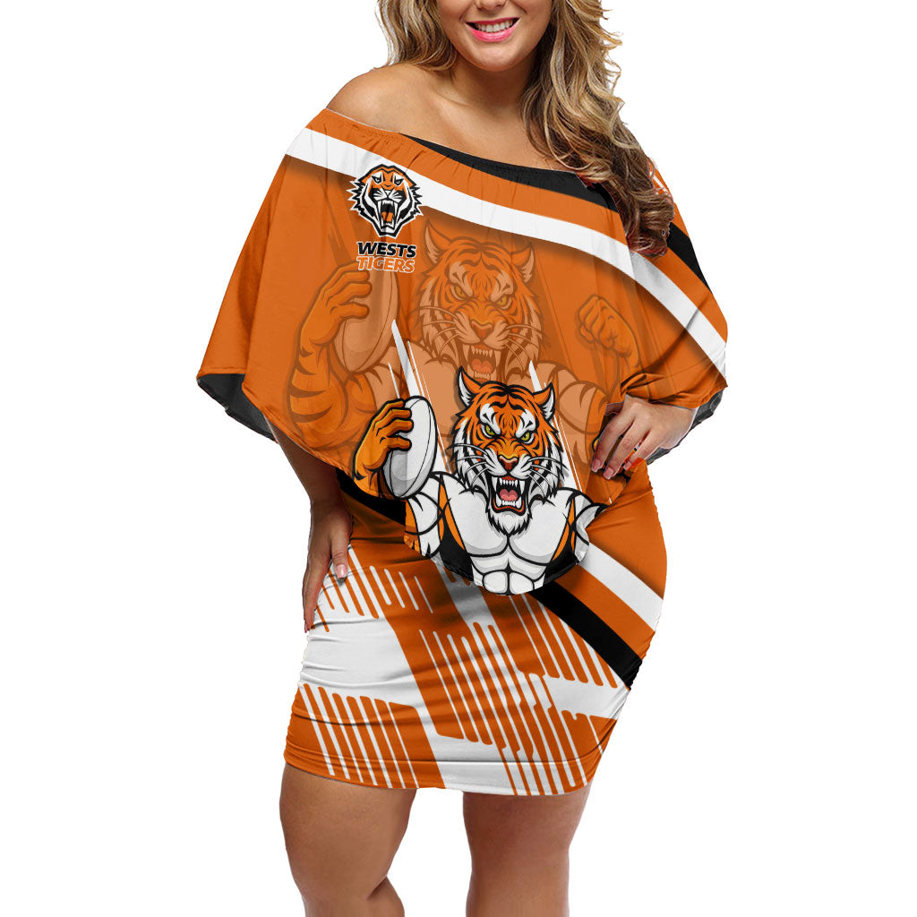 Wests Tigers Rugby Mascot Off Shoulder Short Dress Fierce Athlete Graphic in Sports Style