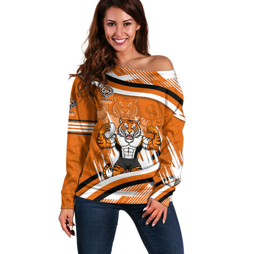 Wests Tigers Rugby Mascot Off Shoulder Sweater Fierce Athlete Graphic in Sports Style