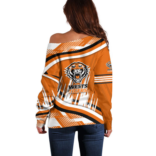Wests Tigers Rugby Mascot Off Shoulder Sweater Fierce Athlete Graphic in Sports Style