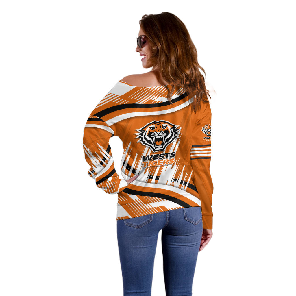 Wests Tigers Rugby Mascot Off Shoulder Sweater Fierce Athlete Graphic in Sports Style