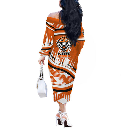 Wests Tigers Rugby Mascot Off The Shoulder Long Sleeve Dress Fierce Athlete Graphic in Sports Style