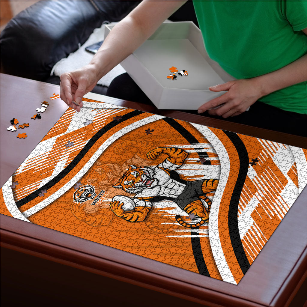 Wests Tigers Rugby Mascot Puzzle Fierce Athlete Graphic in Sports Style