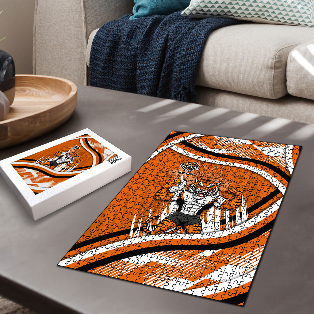 Wests Tigers Rugby Mascot Puzzle Fierce Athlete Graphic in Sports Style
