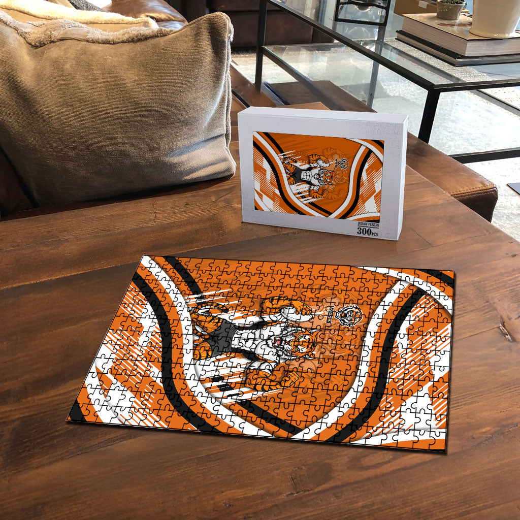 Wests Tigers Rugby Mascot Puzzle Fierce Athlete Graphic in Sports Style