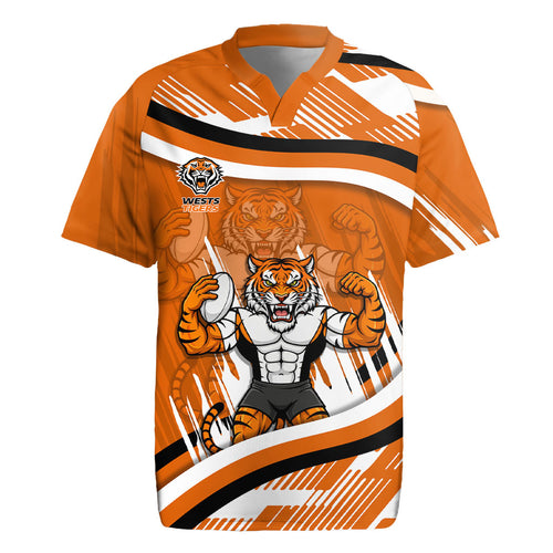 Wests Tigers Rugby Mascot Rugby Jersey Fierce Athlete Graphic in Sports Style