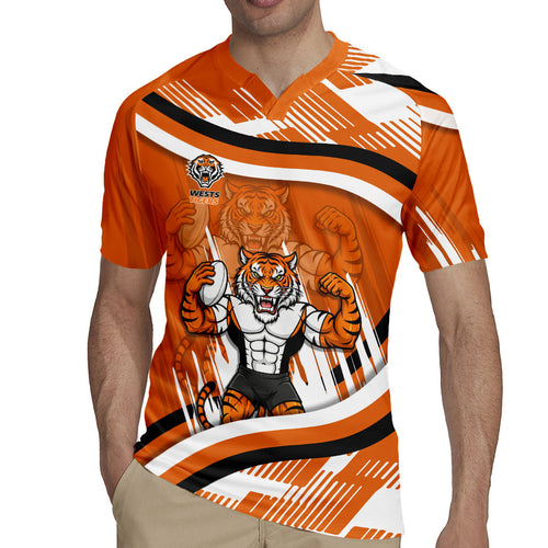 Wests Tigers Rugby Mascot Rugby Jersey Fierce Athlete Graphic in Sports Style