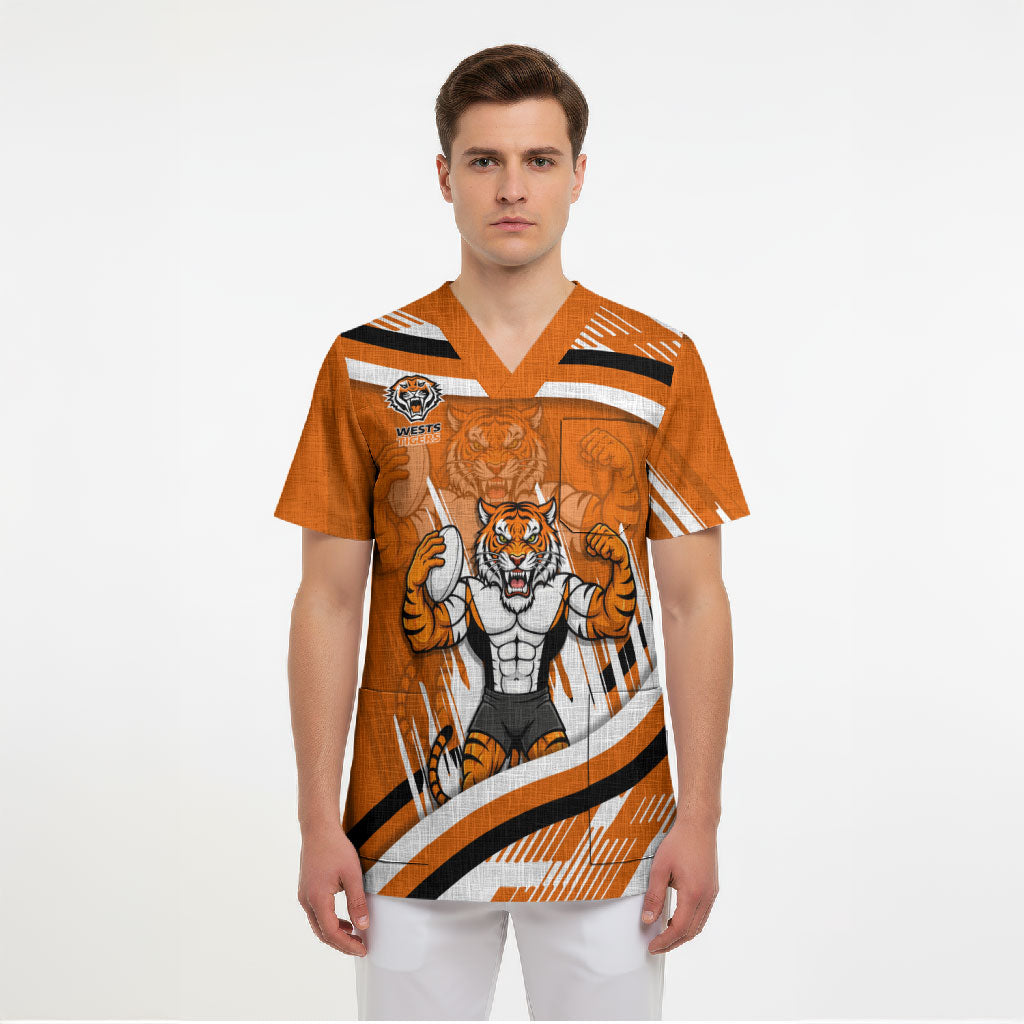 Wests Tigers Rugby Mascot Scrub Top Fierce Athlete Graphic in Sports Style