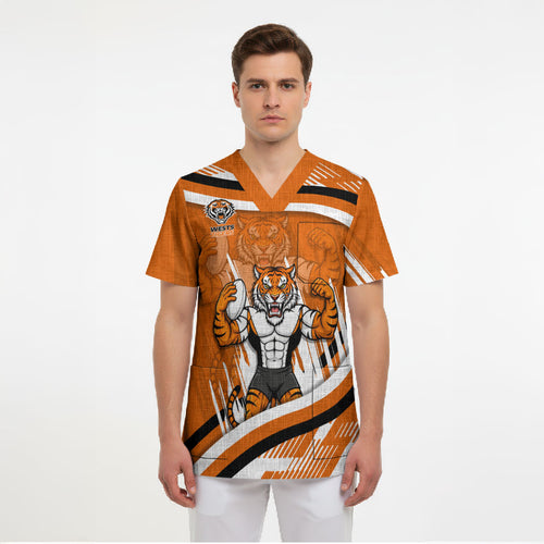 Wests Tigers Rugby Mascot Scrub Top Fierce Athlete Graphic in Sports Style