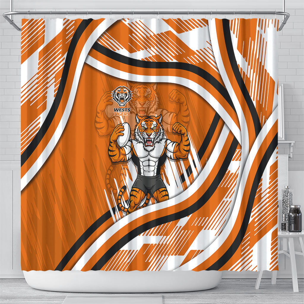 Wests Tigers Rugby Mascot Shower Curtain Fierce Athlete Graphic in Sports Style