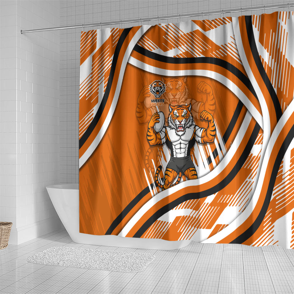 Wests Tigers Rugby Mascot Shower Curtain Fierce Athlete Graphic in Sports Style