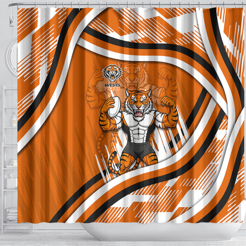 Wests Tigers Rugby Mascot Shower Curtain Fierce Athlete Graphic in Sports Style