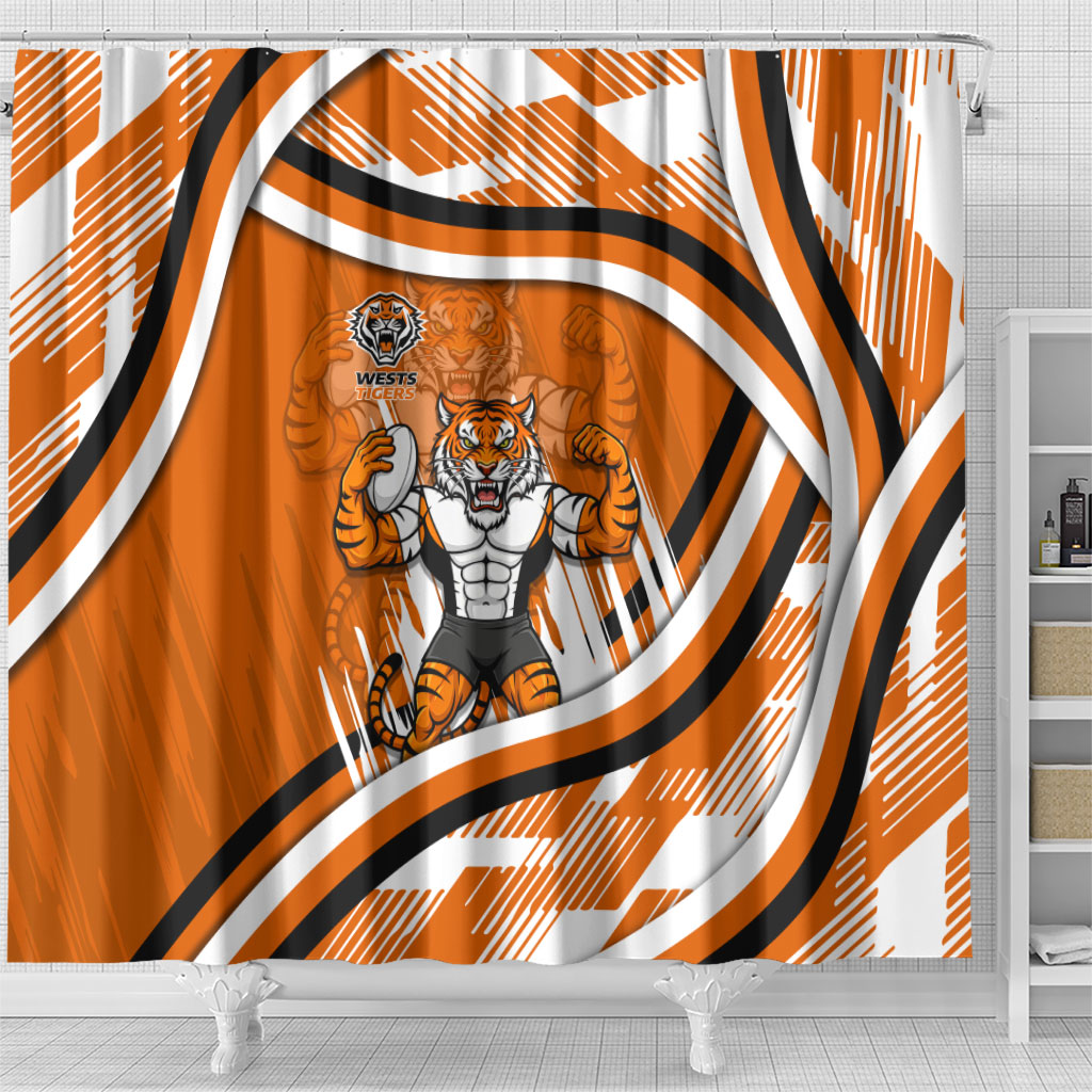Wests Tigers Rugby Mascot Shower Curtain Fierce Athlete Graphic in Sports Style