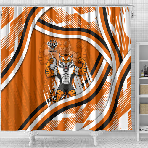 Wests Tigers Rugby Mascot Shower Curtain Fierce Athlete Graphic in Sports Style