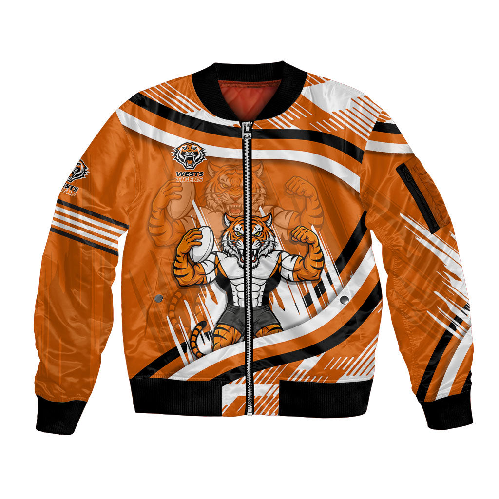 Wests Tigers Rugby Mascot Sleeve Zip Bomber Jacket Fierce Athlete Graphic in Sports Style