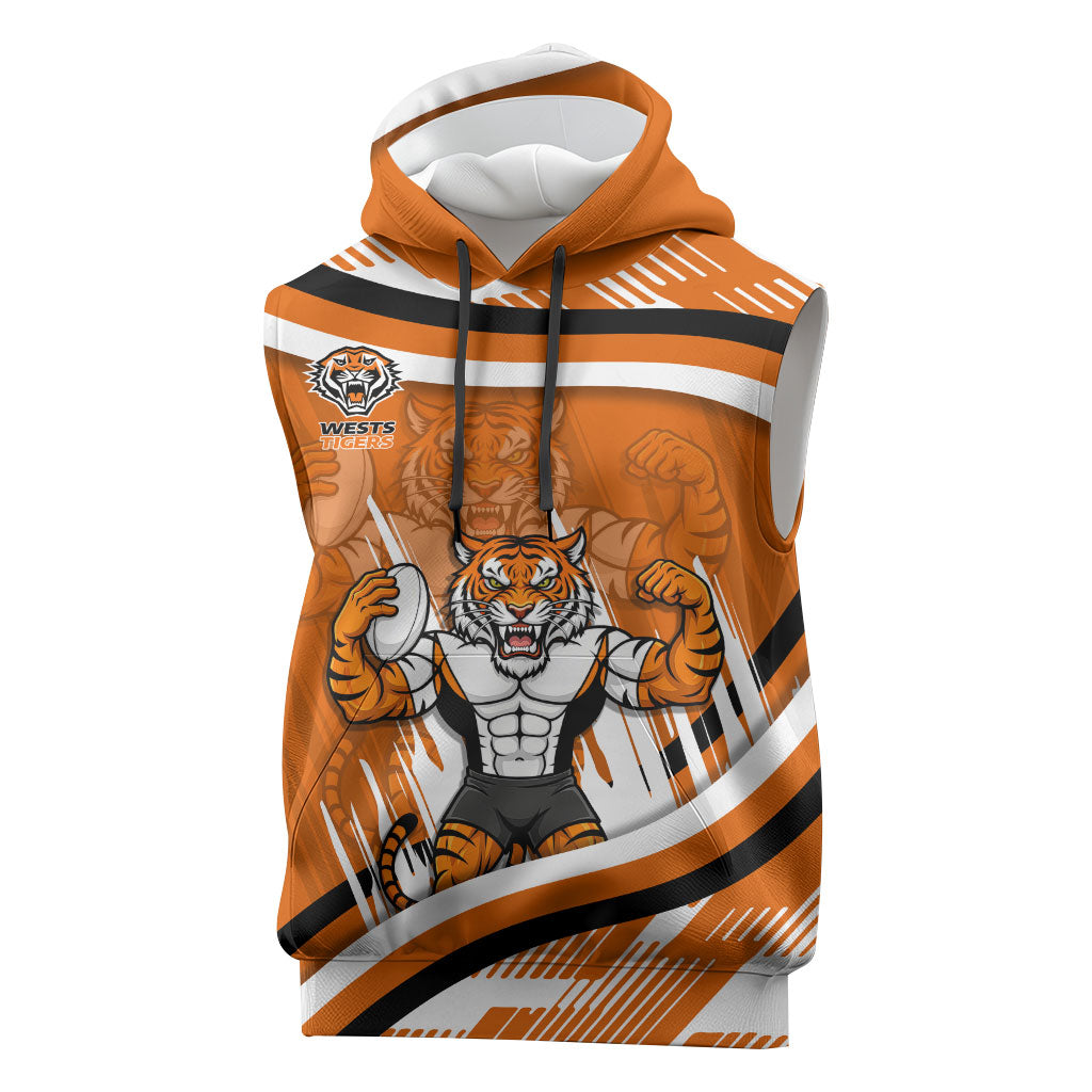Wests Tigers Rugby Mascot Sleeveless Hoodie Fierce Athlete Graphic in Sports Style