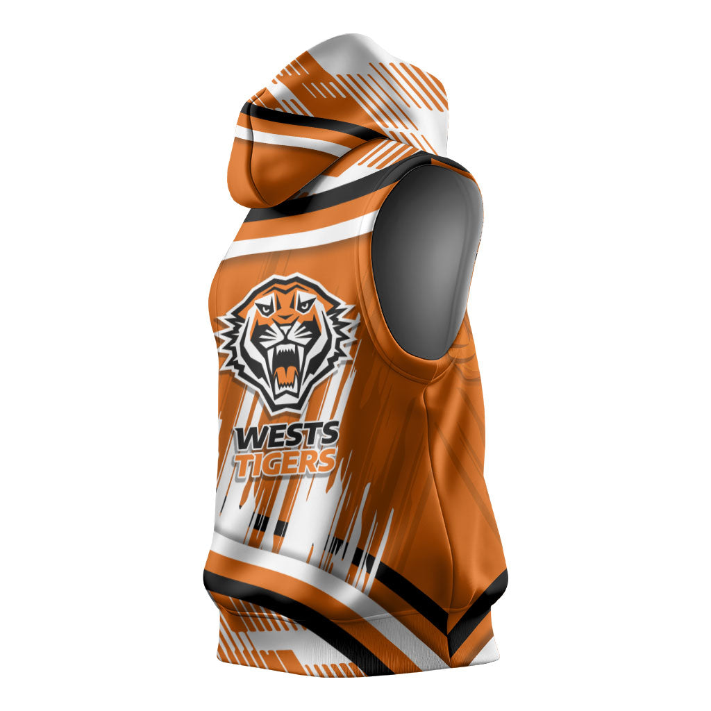 Wests Tigers Rugby Mascot Sleeveless Hoodie Fierce Athlete Graphic in Sports Style