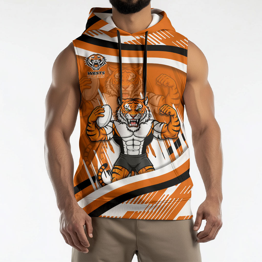 Wests Tigers Rugby Mascot Sleeveless Hoodie Fierce Athlete Graphic in Sports Style
