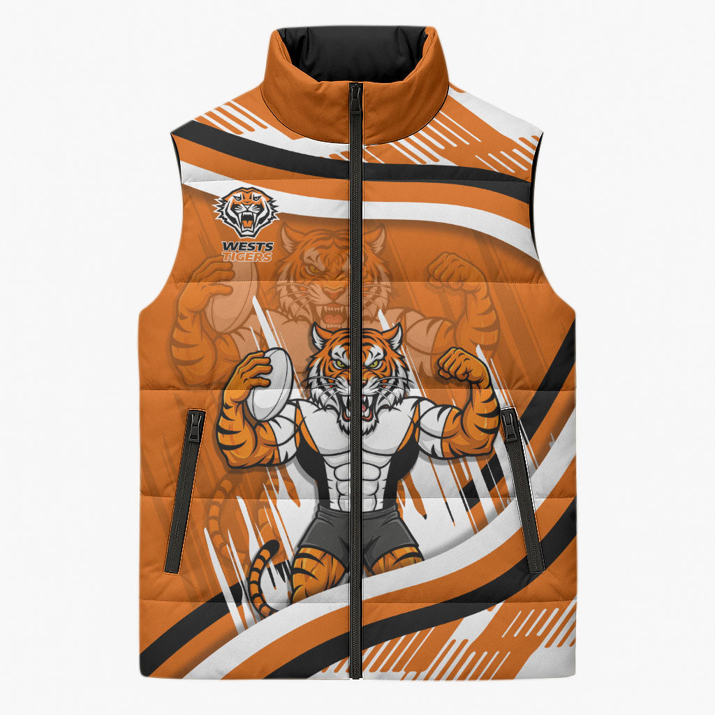 Wests Tigers Rugby Mascot Sleeveless Puffer Jacket Fierce Athlete Graphic in Sports Style