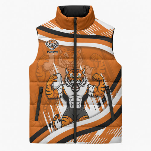 Wests Tigers Rugby Mascot Sleeveless Puffer Jacket Fierce Athlete Graphic in Sports Style
