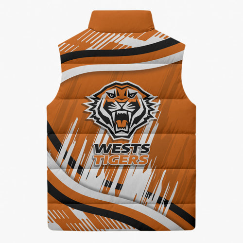 Wests Tigers Rugby Mascot Sleeveless Puffer Jacket Fierce Athlete Graphic in Sports Style