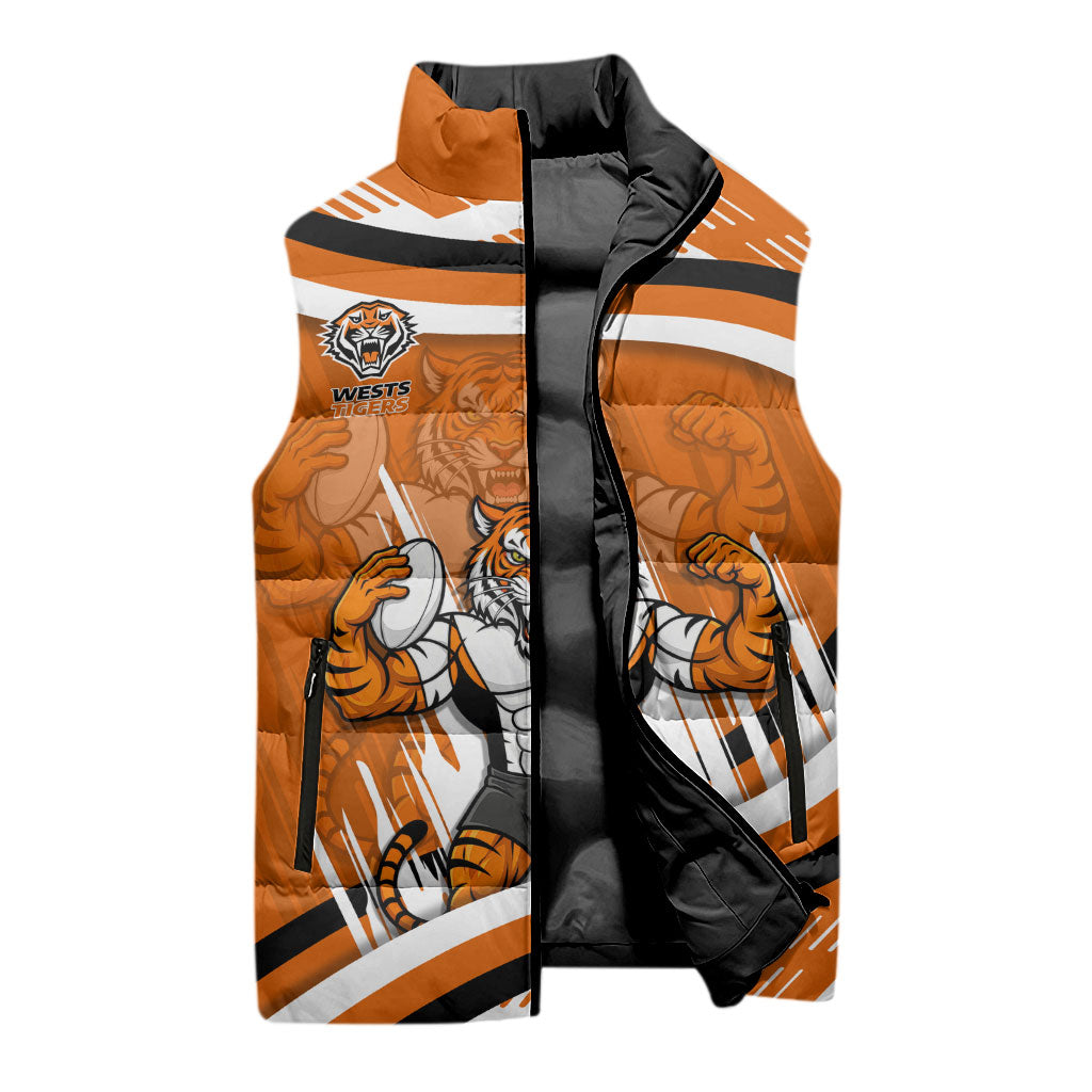 Wests Tigers Rugby Mascot Sleeveless Puffer Jacket Fierce Athlete Graphic in Sports Style