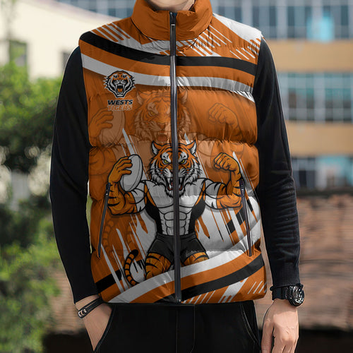 Wests Tigers Rugby Mascot Sleeveless Puffer Jacket Fierce Athlete Graphic in Sports Style