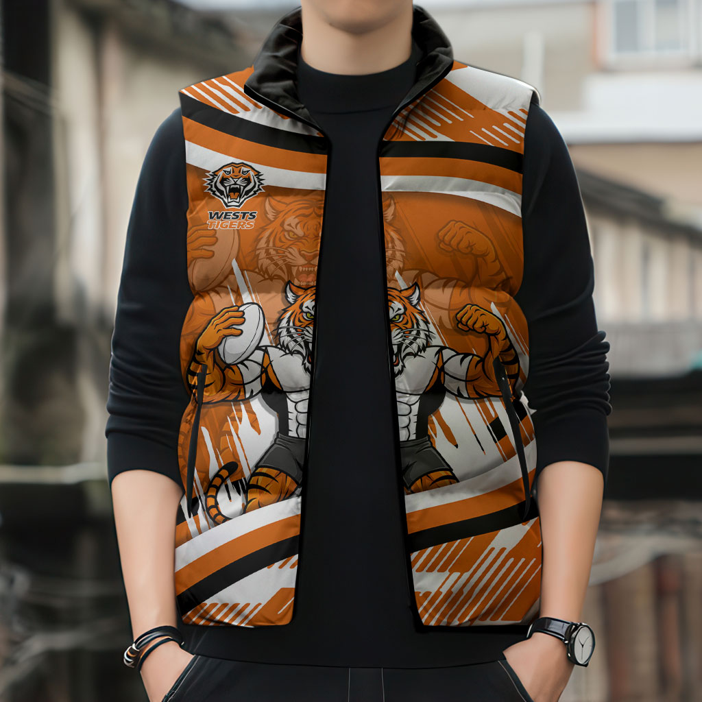 Wests Tigers Rugby Mascot Sleeveless Puffer Jacket Fierce Athlete Graphic in Sports Style