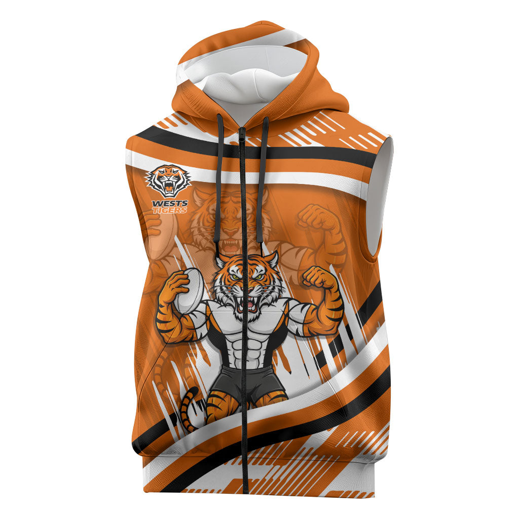 Wests Tigers Rugby Mascot Sleeveless Zip Hoodie Fierce Athlete Graphic in Sports Style
