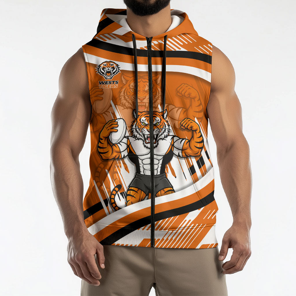 Wests Tigers Rugby Mascot Sleeveless Zip Hoodie Fierce Athlete Graphic in Sports Style