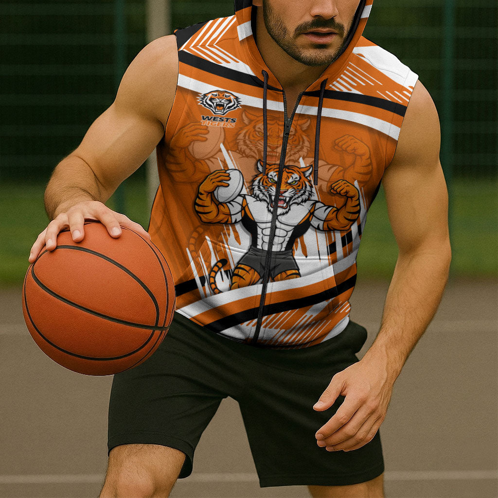 Wests Tigers Rugby Mascot Sleeveless Zip Hoodie Fierce Athlete Graphic in Sports Style